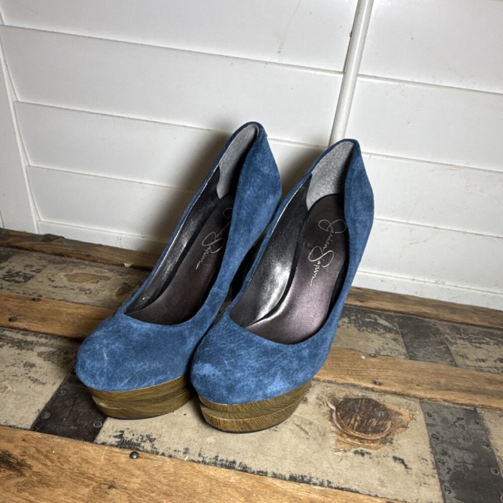 Jessica Simpson Blue Suede Platform Stiletto Closed Toe Heel Wood Grain